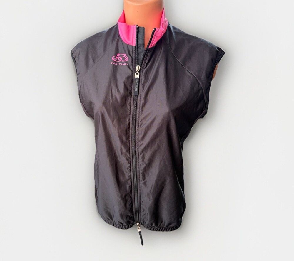 Pactimo Women’s Cycling Wind Vest Black Hot Pink Trim Full Zip Sleeveless Size L